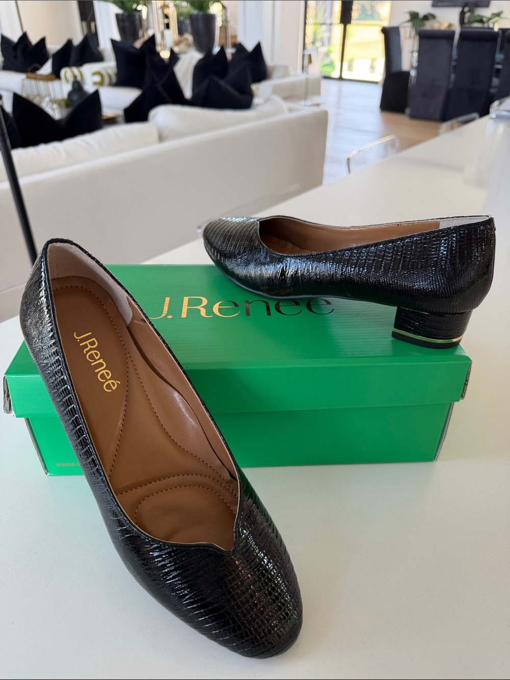J.Renee Black Lizard-Textured Low Block Heel Flats